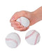 Hand holding one white foam baseball with purple stitching, with two additional baseballs displayed below on a white background.