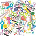 Colorful assortment of 100 party favor items including smiley face balls, novelty glasses, plastic mustaches, whistles, kazoos, rings, and bracelets in bright neon and pastel colors arranged on white background.
