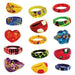 Forty-eight colorful acrylic rings arranged in rows, featuring various bright colors including yellow, red, green, blue, and purple with different patterns and designs.