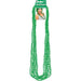 Eight long green beaded necklaces displayed together with packaging showing a woman wearing one of the necklaces.