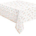 Foil Pink Blooms tablecover with pink, peach, and teal floral patterns on a white background, floral side border, and metallic foil stripe accent.