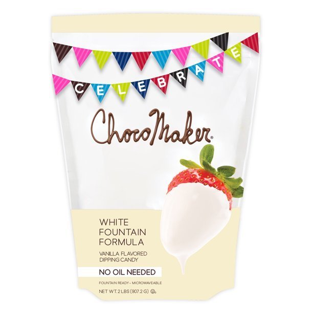 ChocMaker white fountain formula vanilla flavored dipping candy in a 2 lb pouch with colorful celebration bunting and a strawberry dipped in white chocolate on the front.