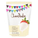 ChocMaker white fountain formula vanilla flavored dipping candy in a 2 lb pouch with colorful celebration bunting and a strawberry dipped in white chocolate on the front.
