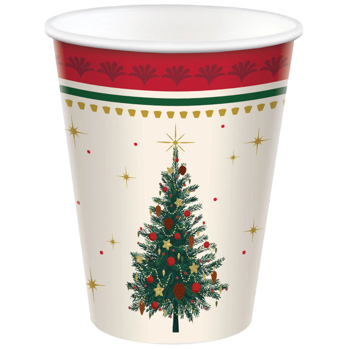 A 9 ounce Christmas Elegant Evergreen Paper Cup.