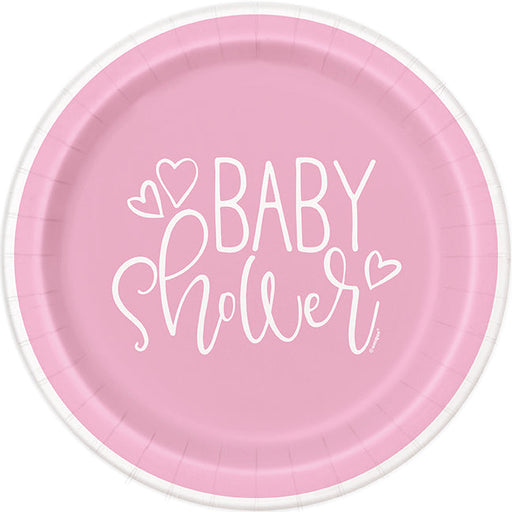 Pink Hearts Baby Shower Round Plate 9in | 8ct