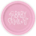Pink 9-inch baby shower paper plate with white script lettering and heart accents.