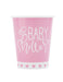 Pink 9-ounce baby shower paper cup with white script lettering, heart accents, and a white border with pink hearts.