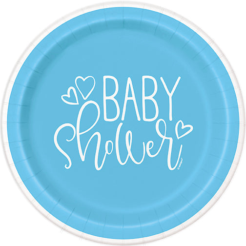 Blue 7-inch baby shower paper plate with white script lettering and heart accents