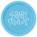 Blue 7-inch baby shower paper plate with white script lettering and heart accents