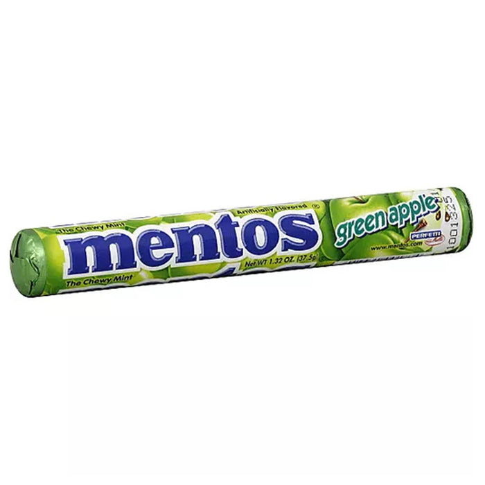Mentos Green Apple: a roll of chewy candies, green in color. Individually wrapped, 1.32 oz size.