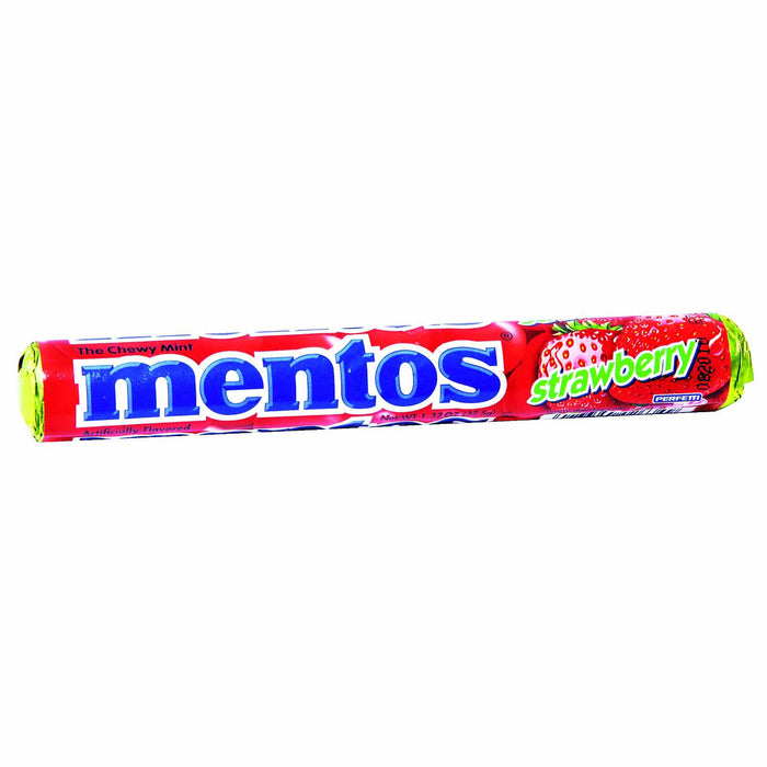 Mentos Strawberry: a roll of chewy candies, red in color. Sold in a 1.32 oz foil-wrapped roll, printed with the brand name and product.