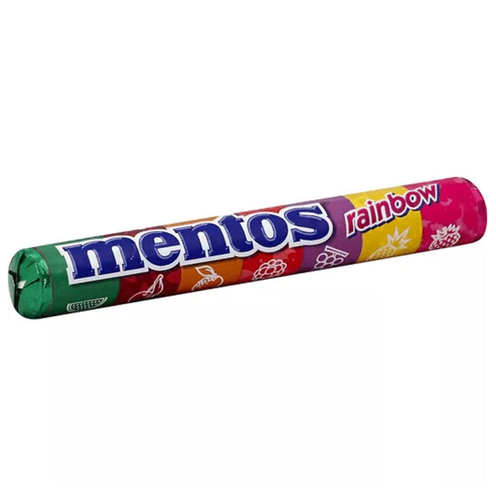 Mentos Rainbow: a roll of chewy candies, rainbow in color. Sold in a 1.32 oz foil-wrapped roll, printed with the brand name and product.
