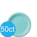 Light turquoise plastic dessert plates with a textured rim, 50 count package displayed with blue label showing quantity.