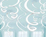 Twelve white spiral hanging decorations with swirled designs suspended against a light blue ceiling with windows visible below.