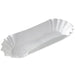White elongated paper food tray with crimped edges, designed for holding hot dogs and similar items.