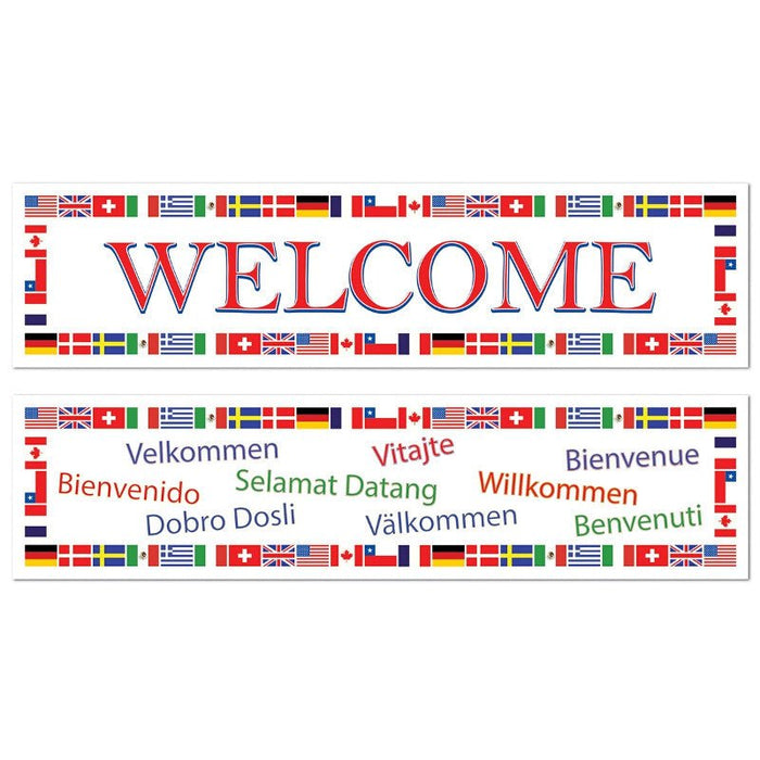 Two decorative welcome banners with colorful international flags border and "welcome" text in multiple languages including Spanish, German, French, Swedish, and Indonesian.