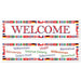 Two decorative welcome banners with colorful international flags border and "welcome" text in multiple languages including Spanish, German, French, Swedish, and Indonesian.