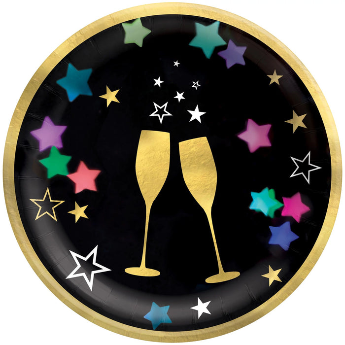 A 7 inch New Year's Starlight Clinking Glasses Paper Dessert Plate.