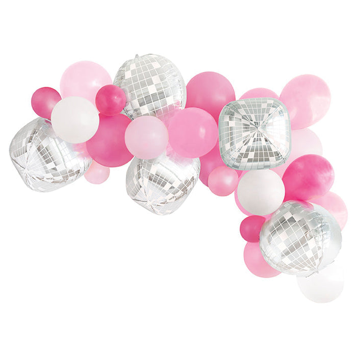 Dance Party Latex Balloon Arch Kit with pink, light pink, white, and silver disco ball-style balloons arranged in a party garland.