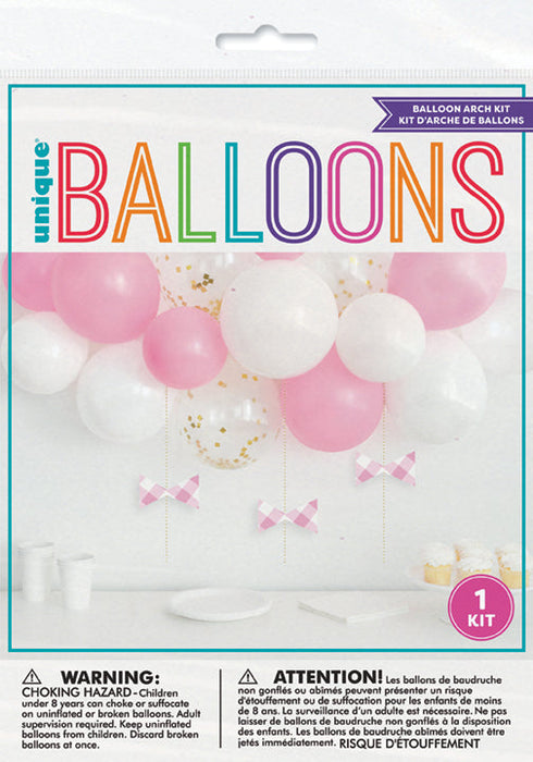 Pink Gingham Balloon Arch Kit packaging with pink, white, and clear confetti balloon garland and hanging pink gingham bow accents.