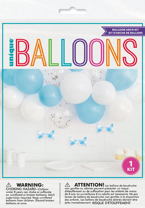 Blue Gingham Latex Balloon Arch Kit packaging with light blue, white, and clear silver confetti balloon garland and hanging blue gingham bow accents.
