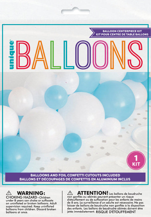 Blue, white, and silver latex balloon centerpiece kit packaging with blue and white balloons and silver foil confetti accents.