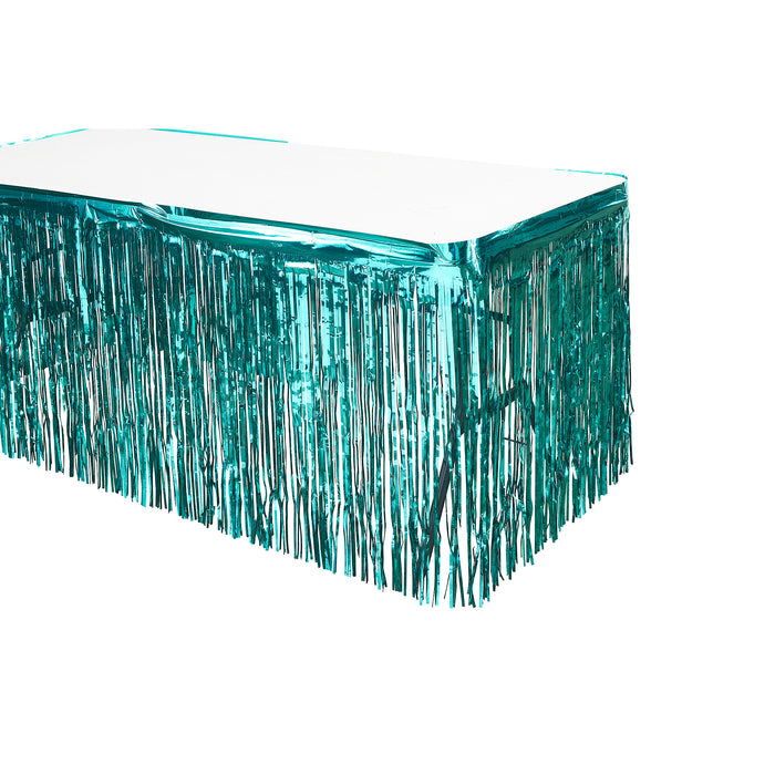 Product photo of Metallic Foil Table Skirt 14ft - Aqua — a Portofino party product shown on a plain background.