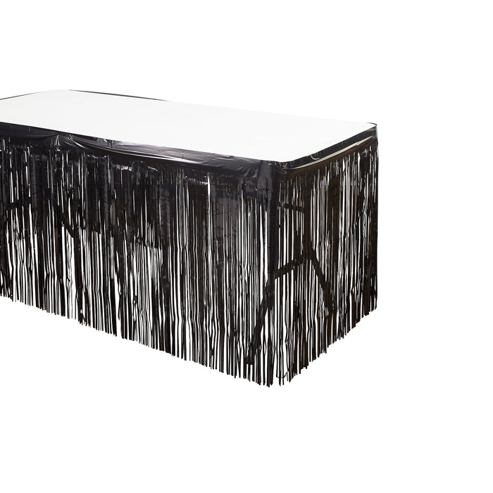 Product photo of Metallic Foil Table Skirt 14ft - Black — a Portofino party product shown on a plain background.