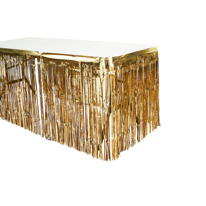 Product photo of Metallic Foil Table Skirt 14ft - Gold — a Portofino party product shown on a plain background.