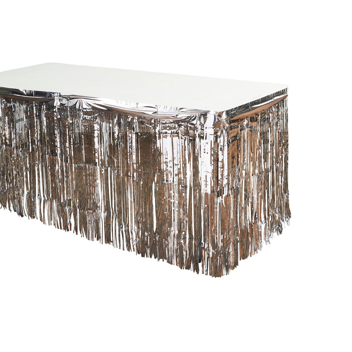 Product photo of Metallic Foil Table Skirt 14ft - Silver — a Portofino party product shown on a plain background.