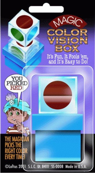 Magic Color Vision Box toy featuring stacked cubes with a red sphere on top and blue base, with packaging showing "You Picked Red" and instructions that the magician picks the correct color every time.