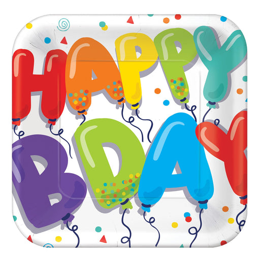 Birthday Balloons Square Plates 9" | 18 ct