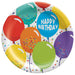 9-inch birthday paper plates featuring a colorful balloon design with confetti accents and “Happy Birthday” text, sold in a 60-count bulk pack.