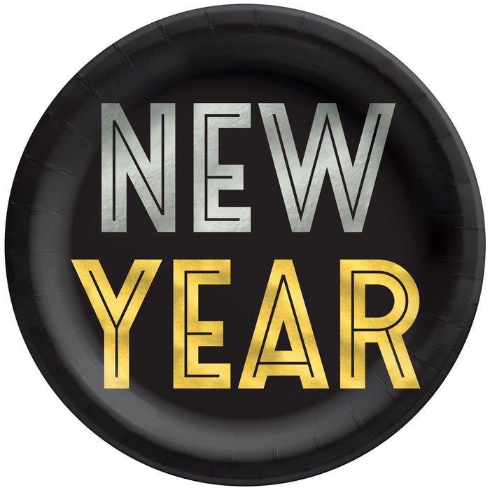 Celebrate the start of a brand new year with these fabulous, festive plates! Ready for all your party food and drinks, these 9" plates feature a fun, black background with a gold and silver New Year phrase that will have your guests bubbling with excitement. Bring on the bubbly--it's a new year!