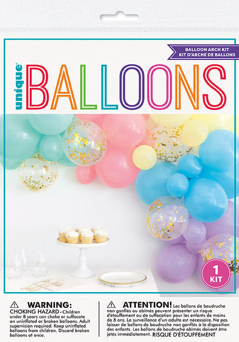 Pastel Latex Balloon Arch Kit packaging with pink, blue, yellow, mint, lavender, and clear gold confetti balloon garland display.