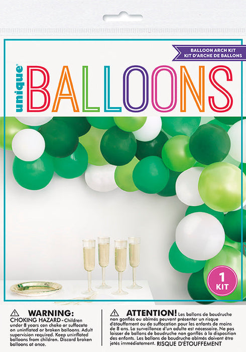 Green Latex Balloon Arch Kit packaging with green, light green, dark green, and white balloon garland display.