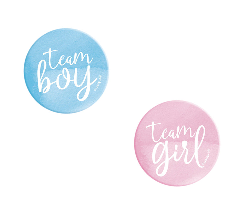 Blue Team Boy and pink Team Girl gender reveal buttons with white script lettering on a white background.