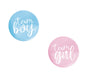 Blue Team Boy and pink Team Girl gender reveal buttons with white script lettering on a white background.