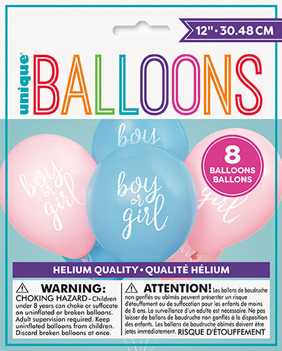 Gender reveal 12-inch latex balloon pack with pink and blue balloons featuring white “baby girl” and “boy or girl” lettering.