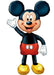 Classic cartoon character with round black ears, smiling face, black body, red shorts with white buttons, black legs, and yellow oversized shoes waving with white gloves.