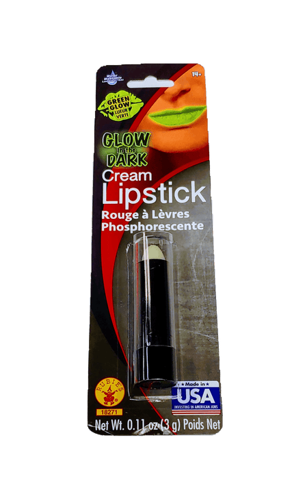 Glow in the Dark Cream Lipstick in bright green with black tube packaging, featuring bilingual French and English text and a Made in USA label.