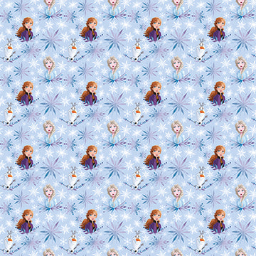 Frozen gift wrap with a repeating pattern of Anna, Elsa, Olaf, blue snowflakes, and icy winter details on a light blue background.