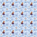 Frozen gift wrap with a repeating pattern of Anna, Elsa, Olaf, blue snowflakes, and icy winter details on a light blue background.
