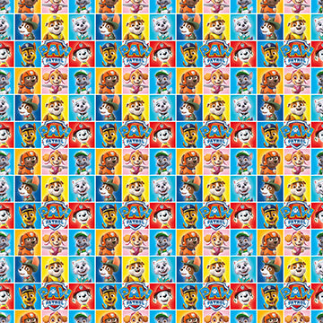 Paw Patrol gift wrap with repeating character squares featuring Chase, Marshall, Skye, Everest, Rubble, Rocky, Zuma, and Paw Patrol logos on colorful backgrounds.