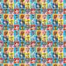 Paw Patrol gift wrap with repeating character squares featuring Chase, Marshall, Skye, Everest, Rubble, Rocky, Zuma, and Paw Patrol logos on colorful backgrounds.