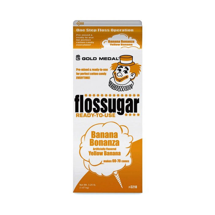 Gold Medal brand Flossugar ready-to-use cotton candy mix in Banana Bonanza yellow flavor, 3.25 lb box with clown graphic and text indicating it makes 60-70 cones.