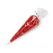 Clear cellophane cone bag filled with red candies or treats, sealed at the top with a twist tie.