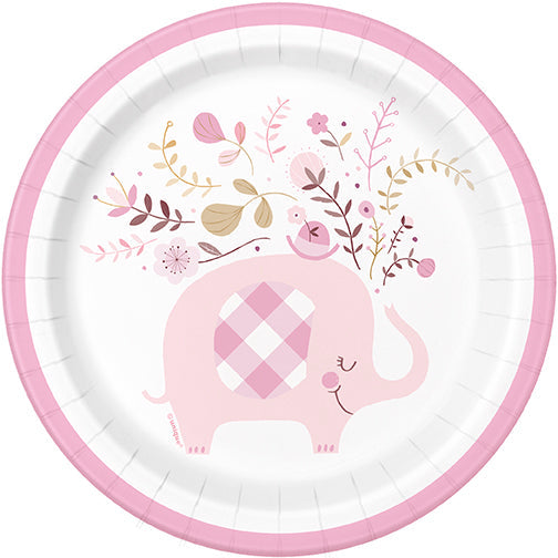 Pink Floral Elephant Round Plate 7in | 8ct