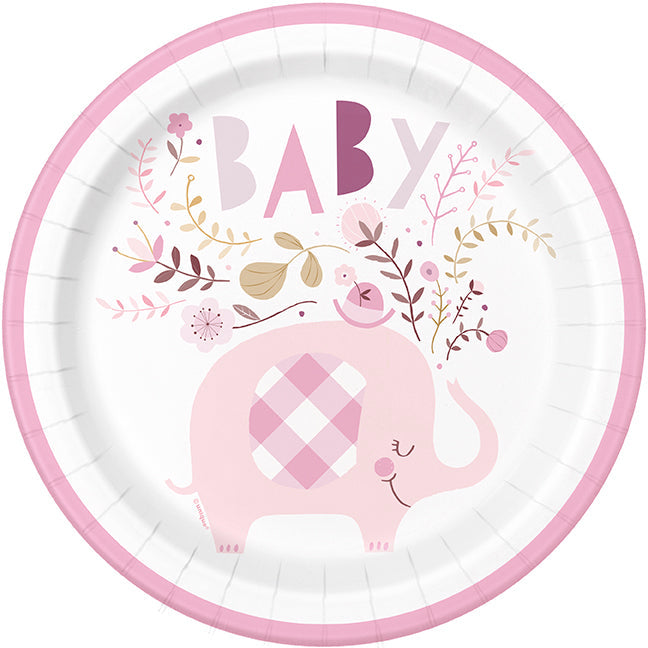 9in Round Plate Pink Floral Elephant - Party Supplies