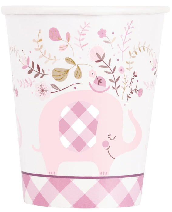 Pink Floral Elephant 9-ounce cup with a pink elephant, floral accents, tiny bird detail, and pink gingham border on a white background.
